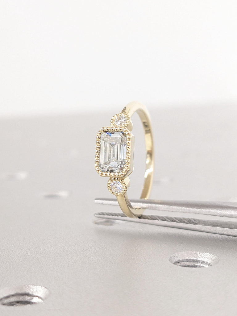 Vintage Moissanite Engagement Ring / 0.5CT, 1Ct, 1.5CT Emerald cut Moissanite Milgrain Promise Ring / 14K Gold Ring / Cocktail Ring for Women
