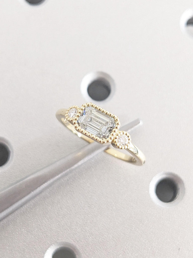 Vintage Milgrain Ring, 0.5 Carat East West Moissanite Ring, Emerald cut Engagement Ring, Hand Engraved Sculpted Ring, 14k Gold Engagement Ring