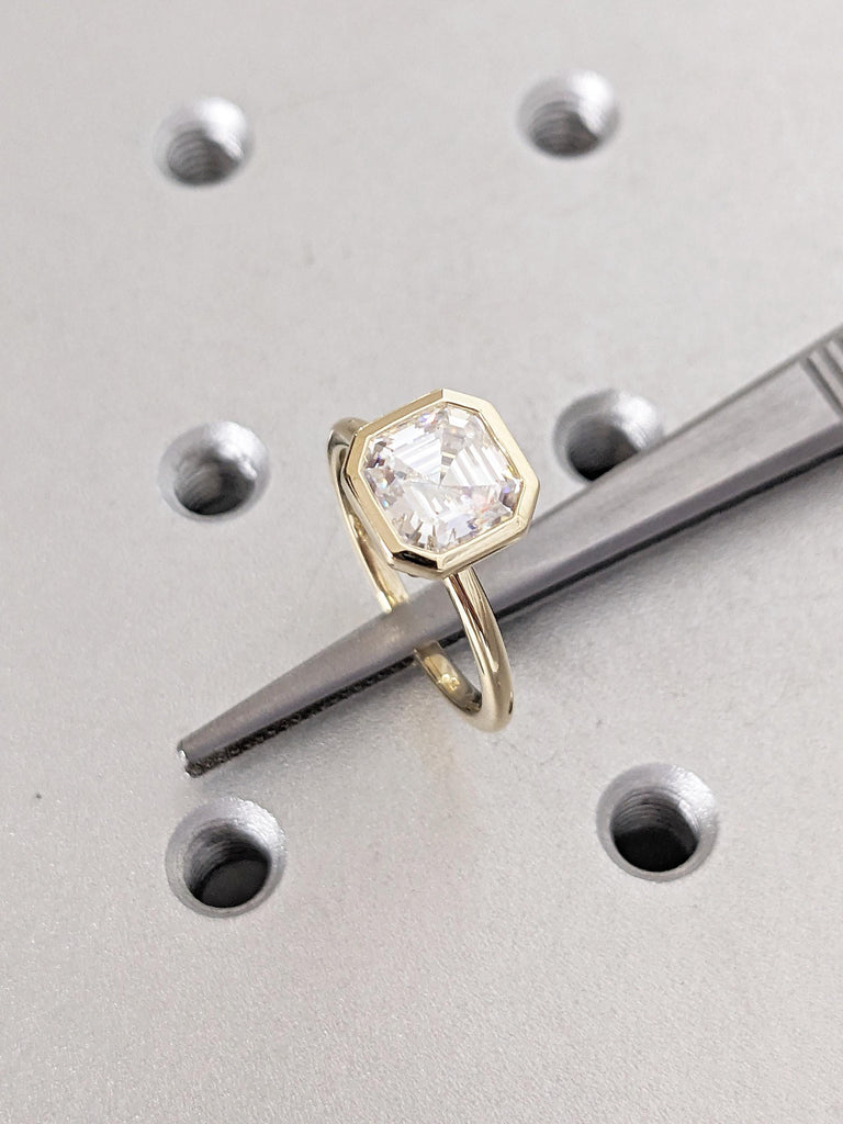 Solitaire Moissanite Ring | Asscher Cut 14K Yellow Gold Bezel Set Ring | Unique Engagement Ring | Dainty Proposal Ring | Gift for Girlfriend