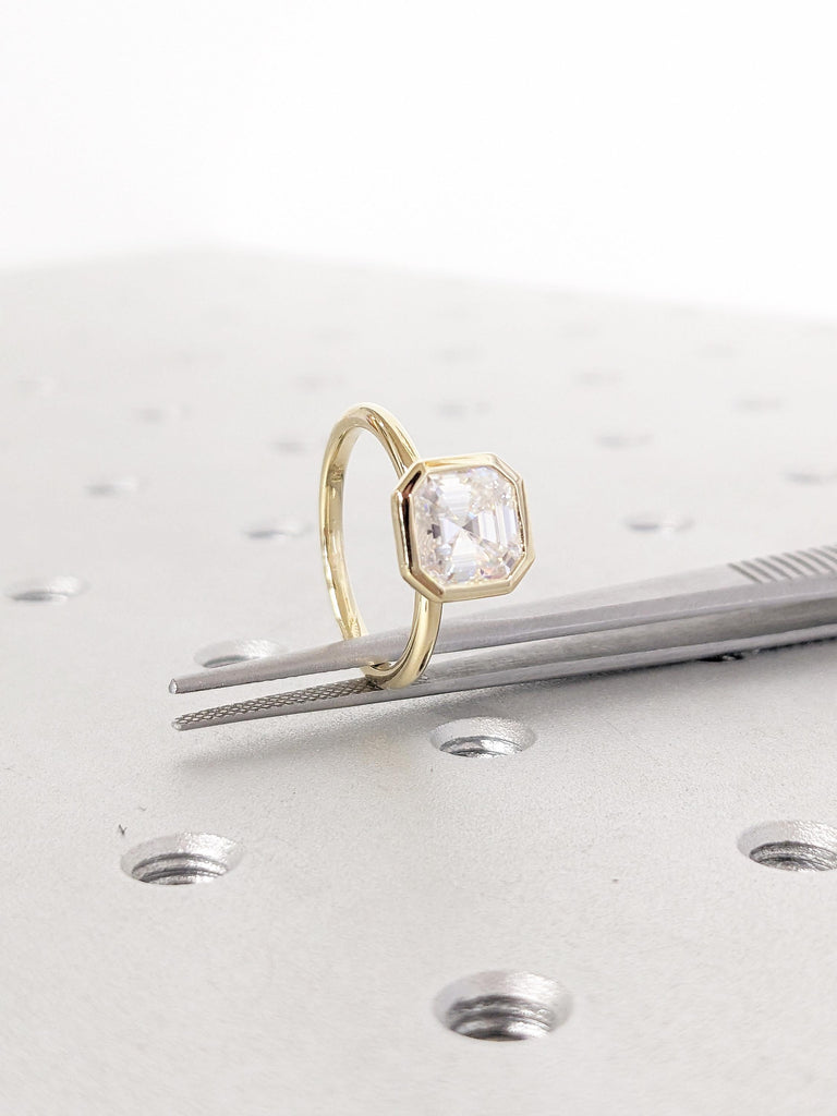 Solitaire Moissanite Ring | Asscher Cut 14K Yellow Gold Bezel Set Ring | Unique Engagement Ring | Dainty Proposal Ring | Gift for Girlfriend