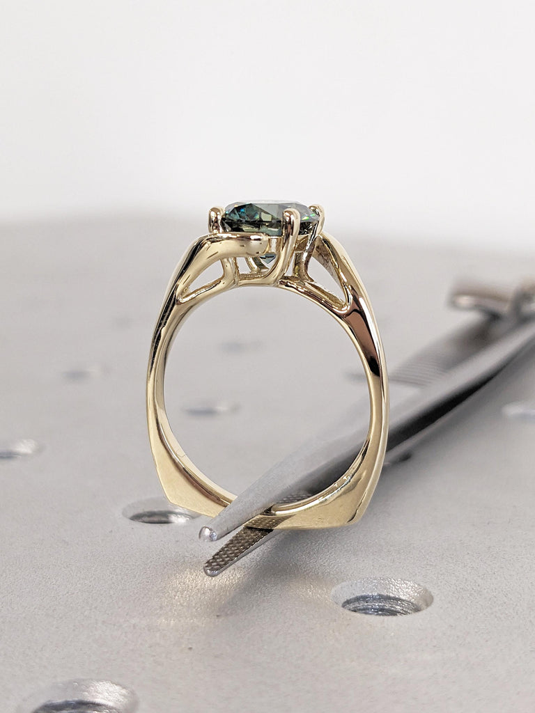 14k Yellow Gold Green Moissanite Engagement Ring, Round Cut Solitaire Moissanite Ring, Unique Twist Euro Shank Ring, Promise Rings for Women