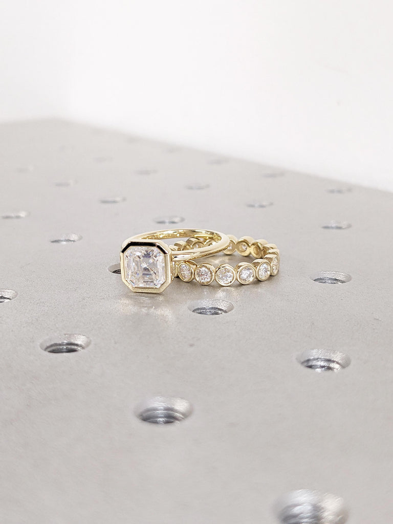 14K Yellow Gold Wedding Ring Set, Moissanite Anniversary Ring, Diamond Bezel Set Engagement Ring, Asscher Cut Moissanite Ring, Gift for Wife