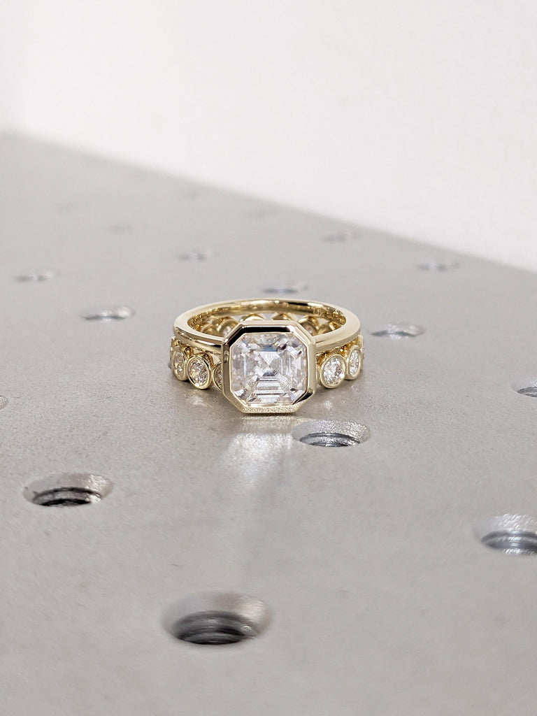 Bezel Set Moissanite Engagement Ring Set, Asscher Cut 14k Solid Gold Stacking Ring, Diamond Eternity Ring, Wedding Anniversary Gift for Her