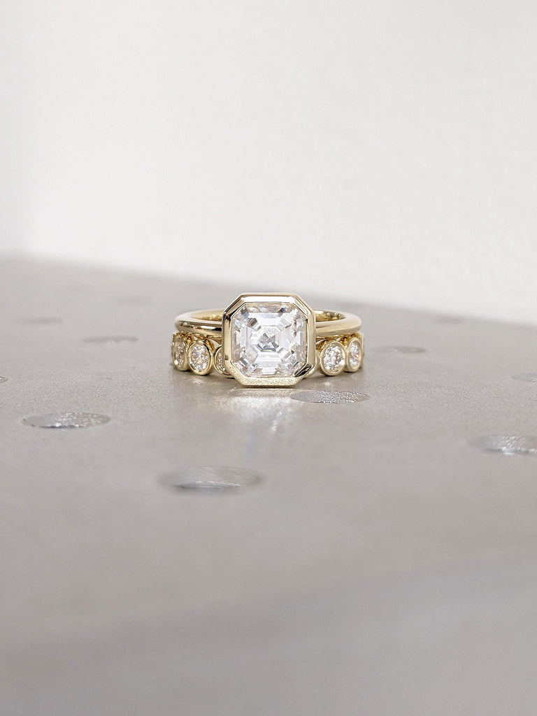 14K Yellow Gold Wedding Ring Set, Moissanite Anniversary Ring, Diamond Bezel Set Engagement Ring, Asscher Cut Moissanite Ring, Gift for Wife