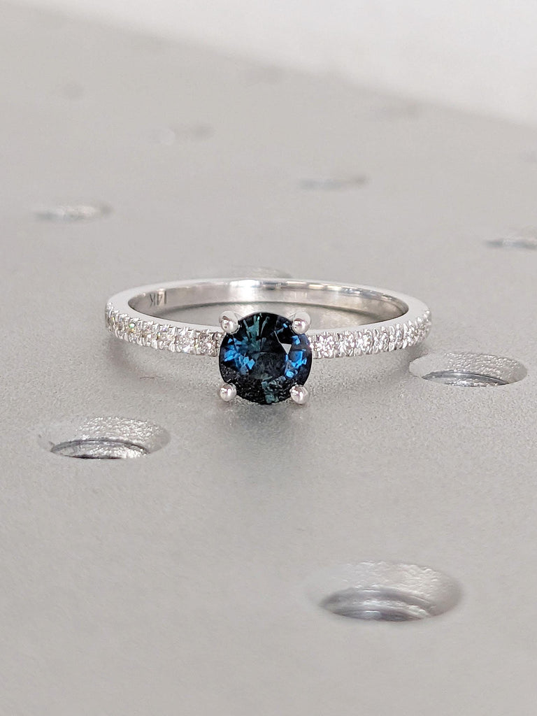 0.5ct Teal Sapphire and Diamond Engagement Ring for Women | 14k White Gold Promise Ring | Round Engagement Ring | Wedding Anniversary Gift
