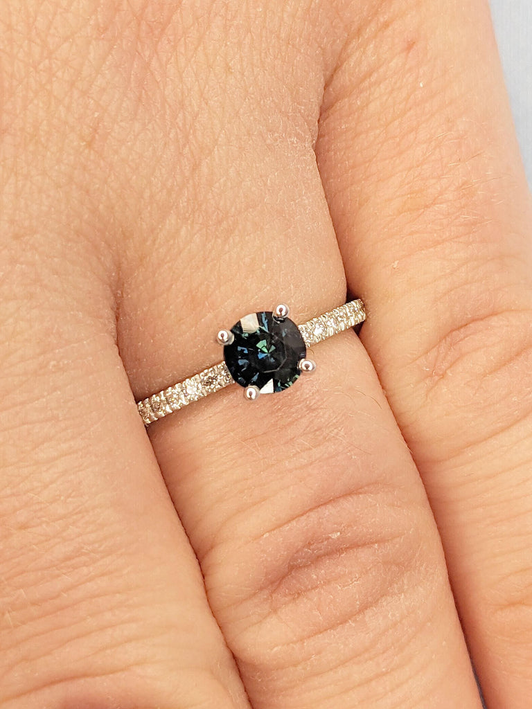 Round cut Blue Green Sapphire Promise Anniversary Ring for Her | 14k 18k Solid Gold Thin Engagement Ring | Lab Diamond Half Eternity Band