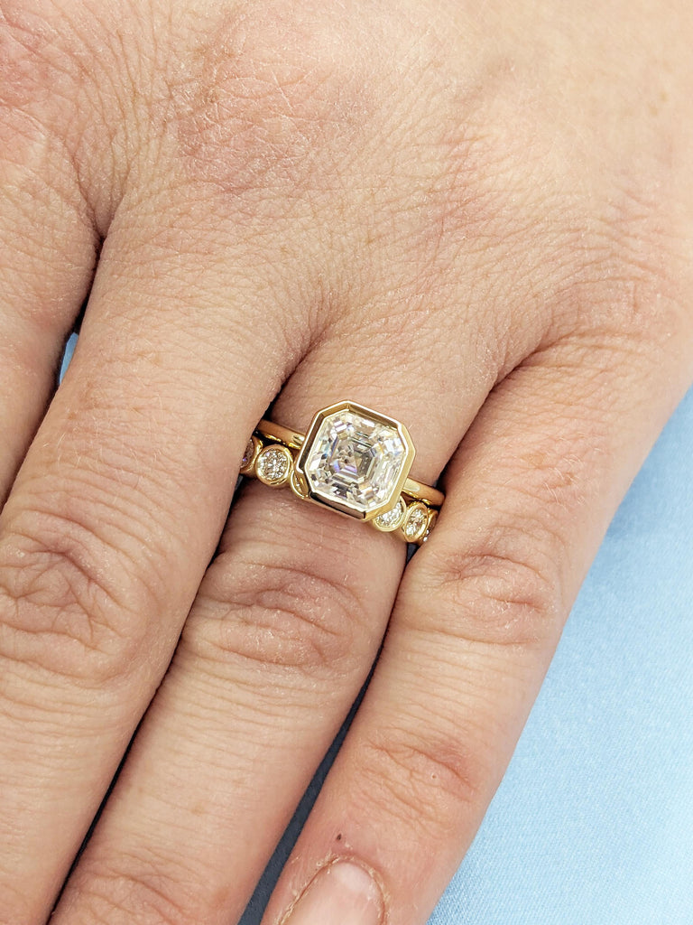 14K Yellow Gold Wedding Ring Set, Moissanite Anniversary Ring, Diamond Bezel Set Engagement Ring, Asscher Cut Moissanite Ring, Gift for Wife