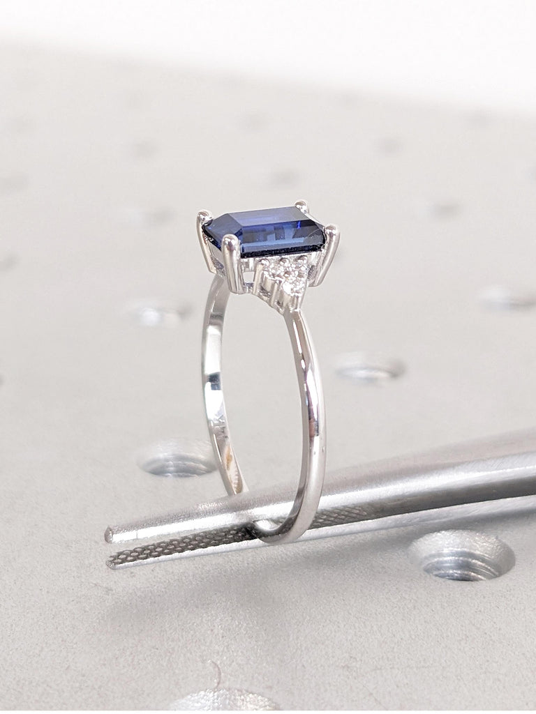 Lab Sapphire Ring, Emerald Cut 14K White Gold Ring, Moissanite and Diamond Cluster Ring, Vintage Blue Sapphire Ring, Unique Promise Rings