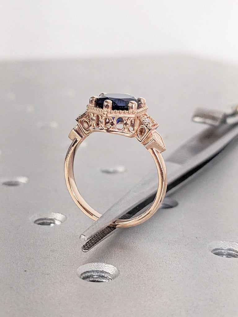 Vintage Lab Sapphire Ring, 14k Rose Gold Blue Sapphire Ring, Milgrain Engagement Ring, Dainty Promise Ring, Unique Anniversary Gift for Her