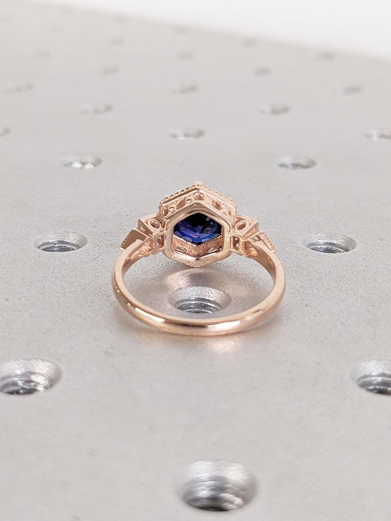 14k Rose Gold Wedding Ring, Lab Sapphire Ring, Milgrain Blue Sapphire Ring, Art Deco Anniversary Ring, Unique Statement Ring, Bridal Ring