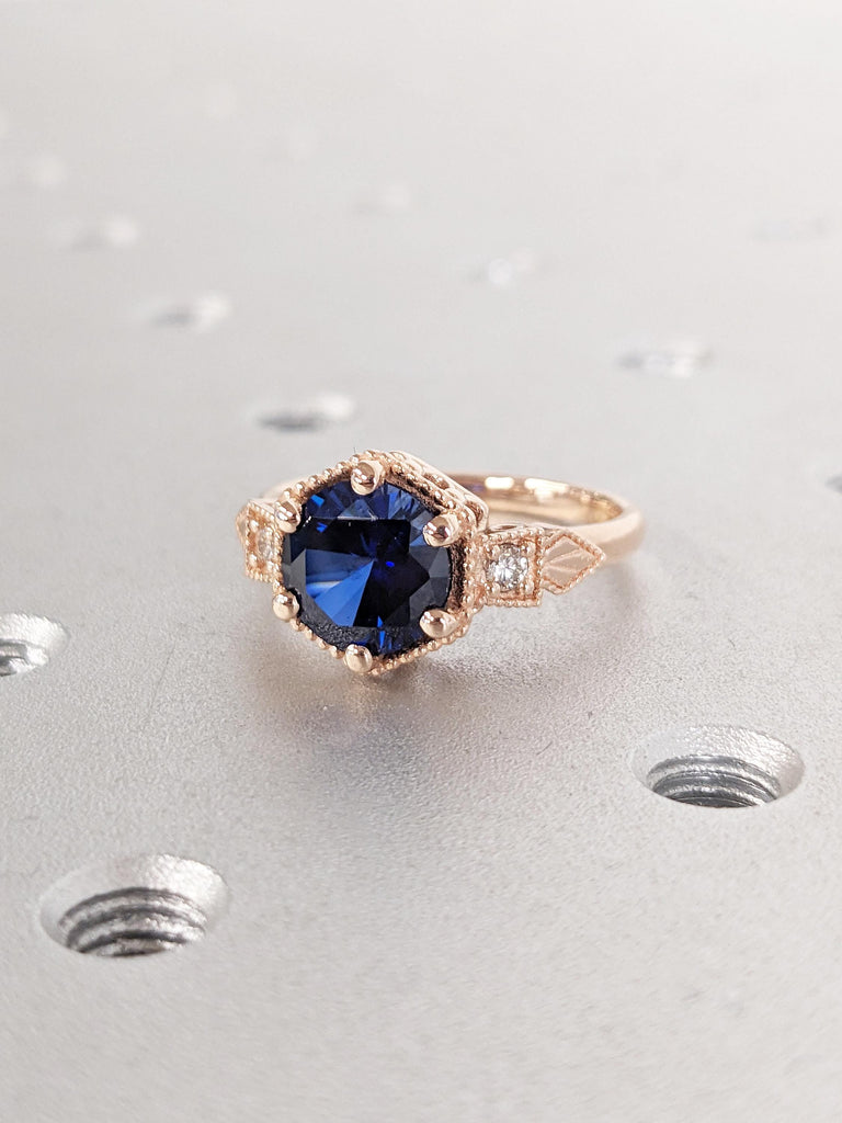 14k Rose Gold Wedding Ring, Lab Sapphire Ring, Milgrain Blue Sapphire Ring, Art Deco Anniversary Ring, Unique Statement Ring, Bridal Ring
