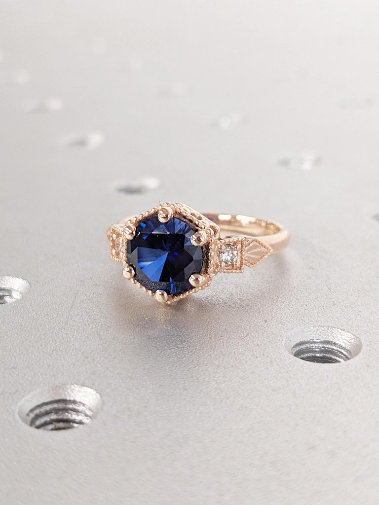 Vintage Lab Sapphire Ring, 14k Rose Gold Blue Sapphire Ring, Milgrain Engagement Ring, Dainty Promise Ring, Unique Anniversary Gift for Her