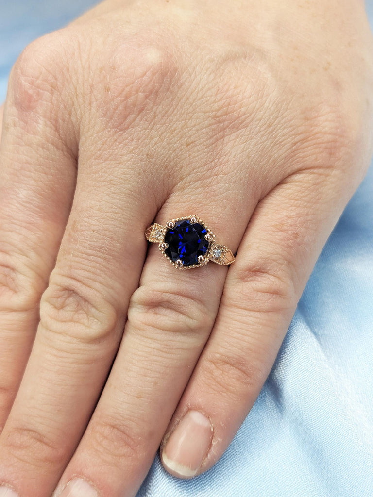 14k Rose Gold Wedding Ring, Lab Sapphire Ring, Milgrain Blue Sapphire Ring, Art Deco Anniversary Ring, Unique Statement Ring, Bridal Ring