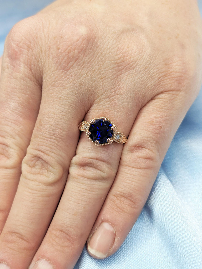 Vintage Lab Sapphire Ring, 14k Rose Gold Blue Sapphire Ring, Milgrain Engagement Ring, Dainty Promise Ring, Unique Anniversary Gift for Her