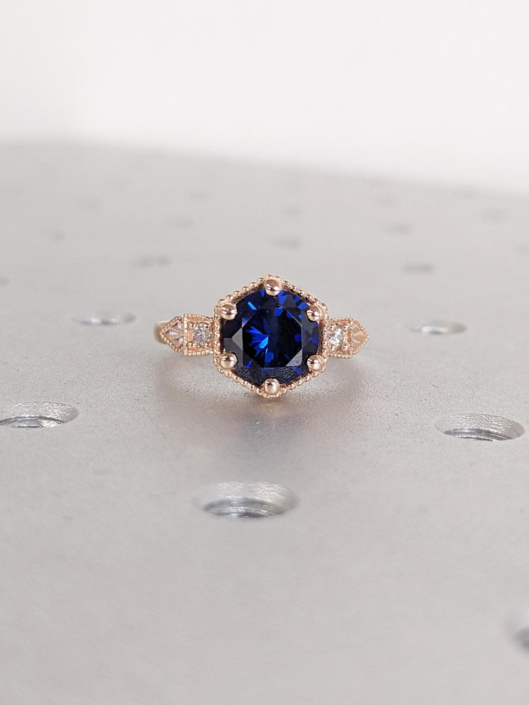 Vintage Lab Sapphire Ring, 14k Rose Gold Blue Sapphire Ring, Milgrain Engagement Ring, Dainty Promise Ring, Unique Anniversary Gift for Her