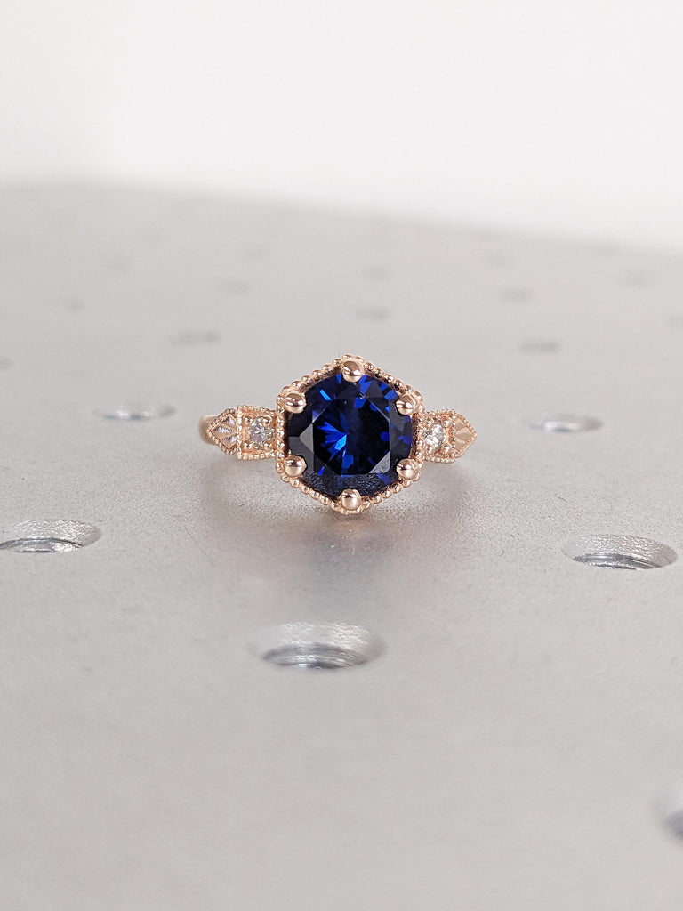 14k Rose Gold Wedding Ring, Lab Sapphire Ring, Milgrain Blue Sapphire Ring, Art Deco Anniversary Ring, Unique Statement Ring, Bridal Ring