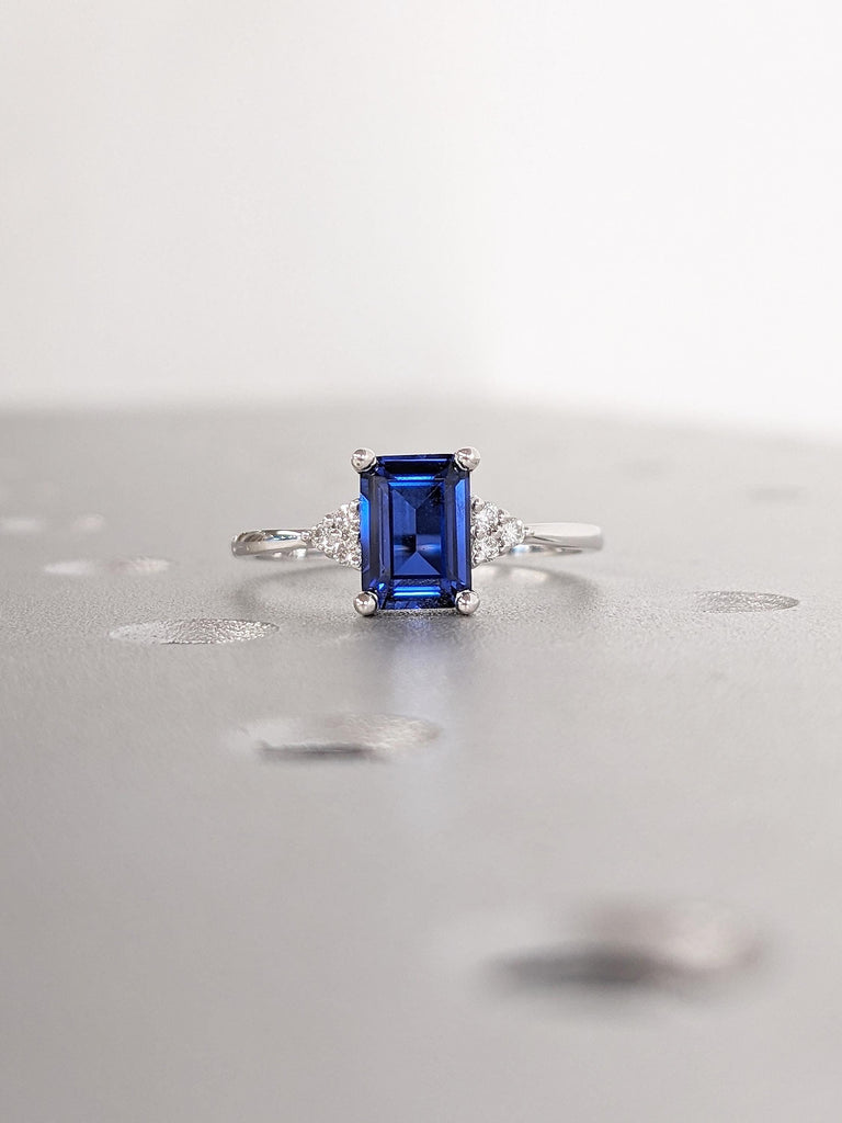 Emerald Cut Lab Sapphire Engagement Ring, Dainty 14K White Gold Wedding Rings for Women, Diamond Cluster Ring, Art Deco Blue Sapphire Ring