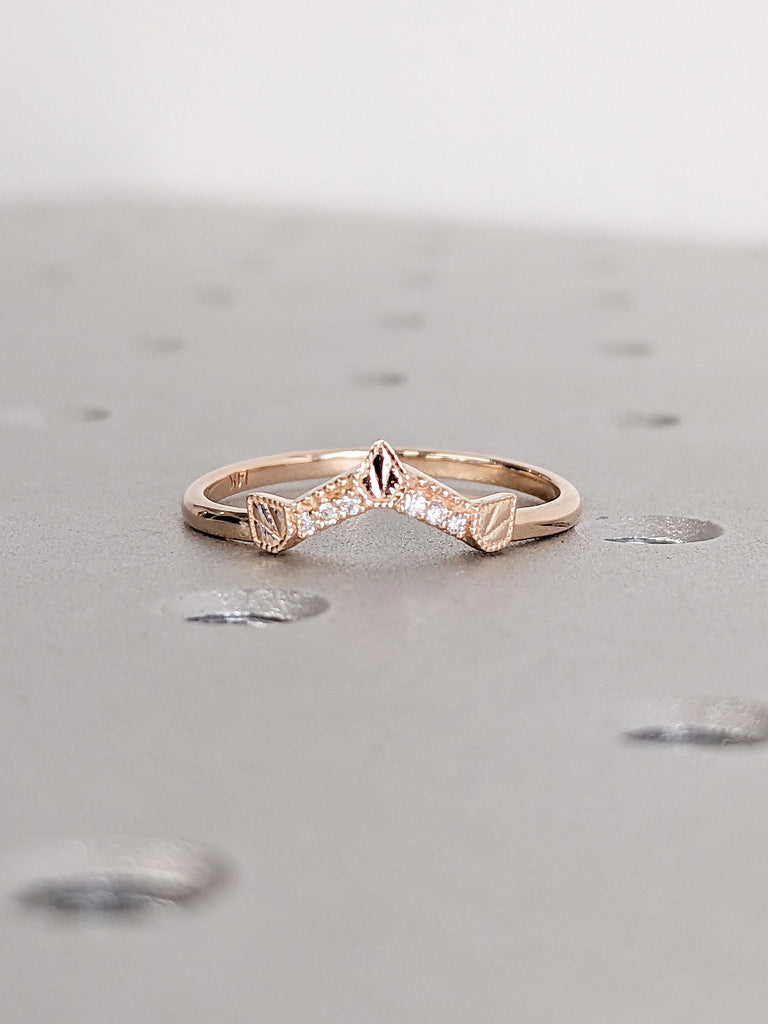 14k Rose Gold Chevron Stacking Ring | Real Gold Rings for Women | Antique Curved Wedding Ring | Lab Diamond Cluster Ring | V Shaped Ring