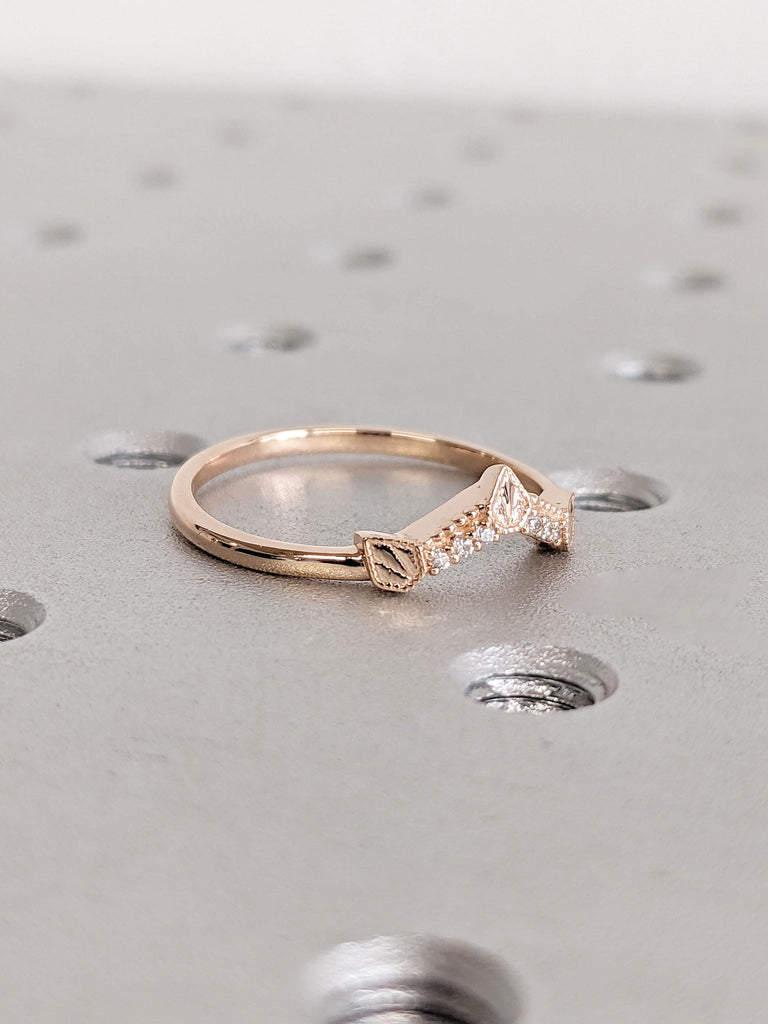 14k Rose Gold Chevron Stacking Ring | Real Gold Rings for Women | Antique Curved Wedding Ring | Lab Diamond Cluster Ring | V Shaped Ring