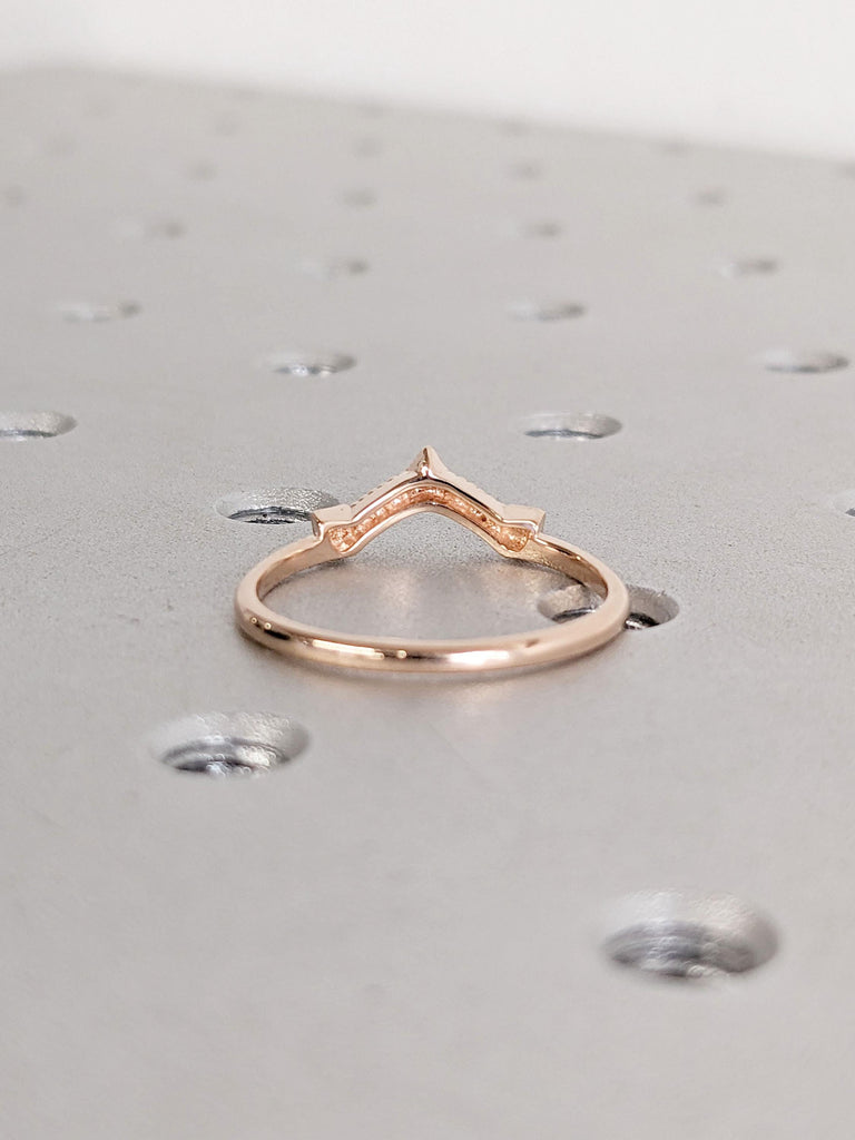 14k Rose Gold Chevron Stacking Ring | Real Gold Rings for Women | Antique Curved Wedding Ring | Lab Diamond Cluster Ring | V Shaped Ring