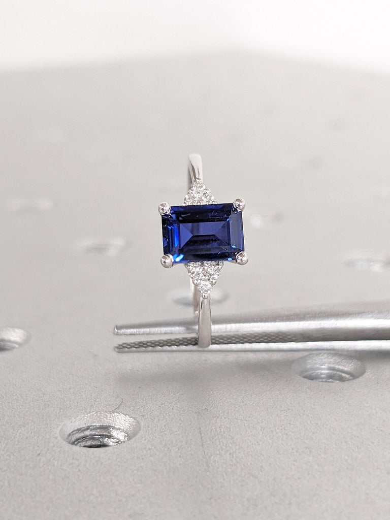 Lab Sapphire Ring, Emerald Cut 14K White Gold Ring, Moissanite and Diamond Cluster Ring, Vintage Blue Sapphire Ring, Unique Promise Rings