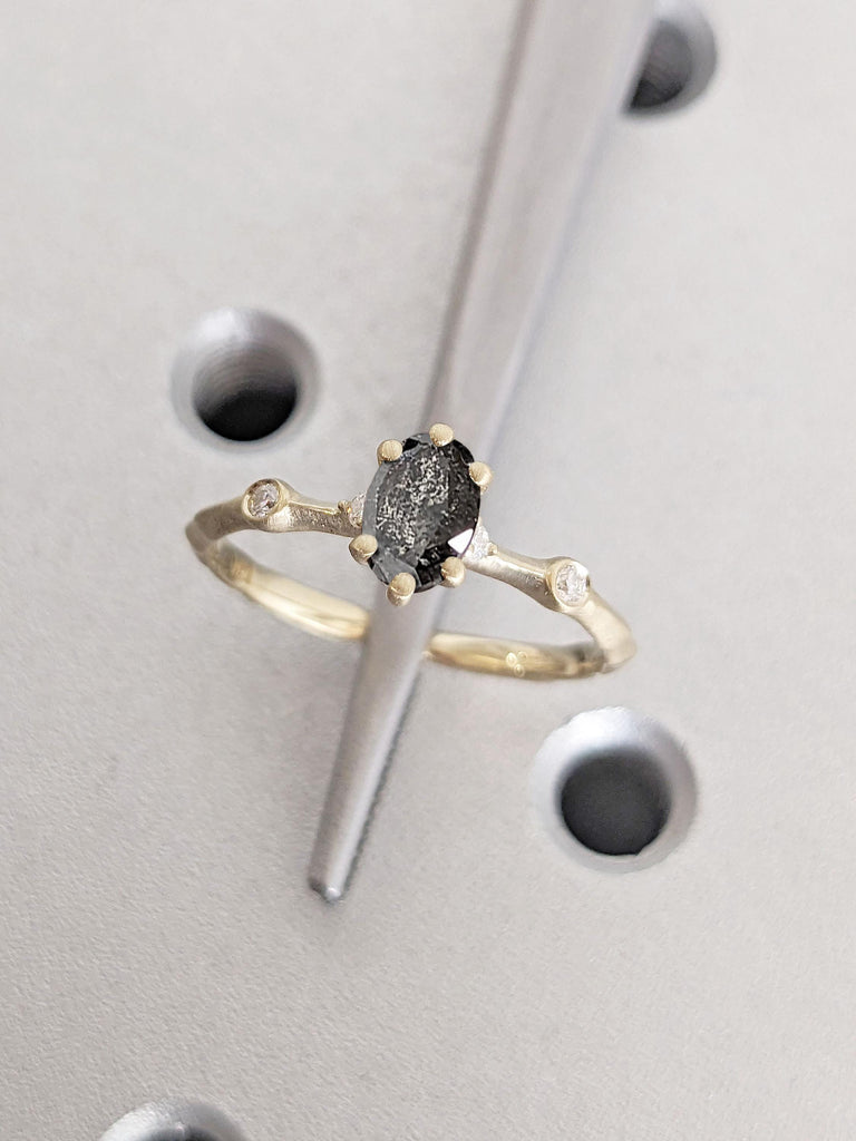 0.5-2 Carat Oval Salt and Pepper Diamond Engagement Ring | Organic Thin Engagement Ring | Dainty Ring | 14k Gold Rings for Women | Hand Polished Ring