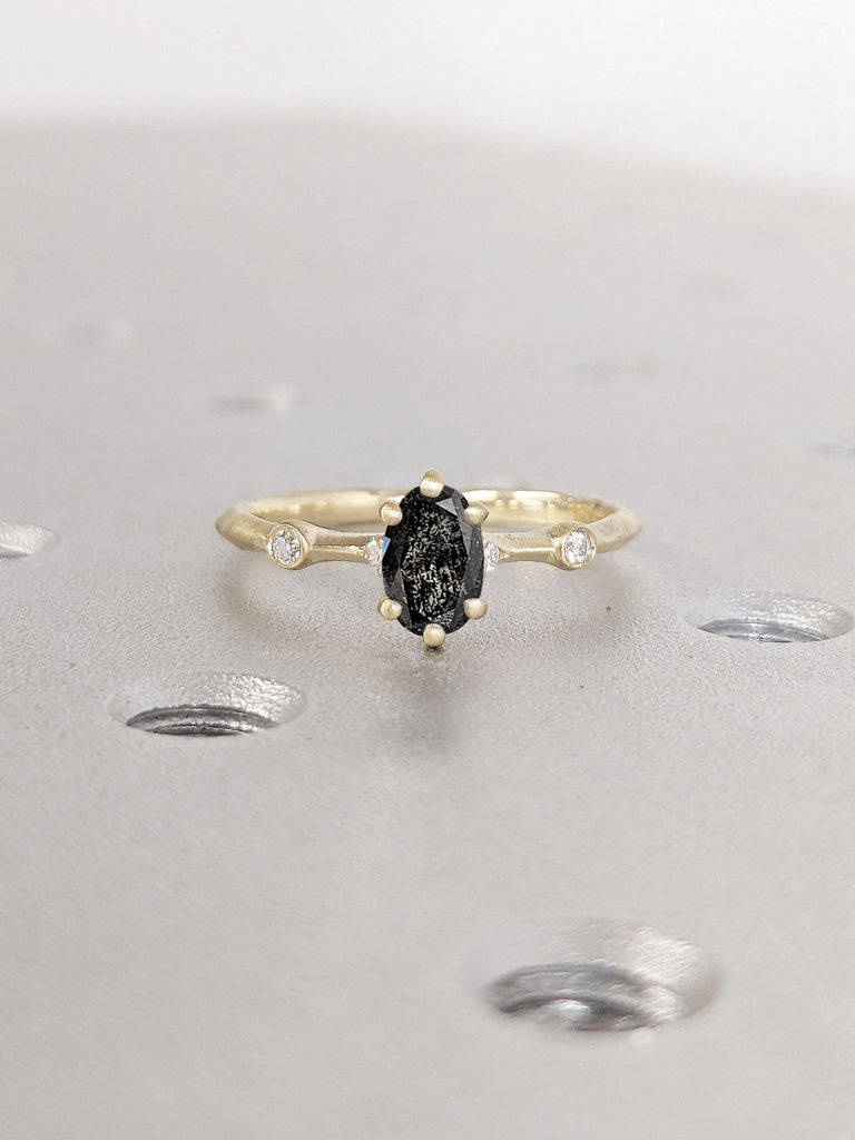 0.5ct Oval Natural Salt and Pepper Galaxy Diamond Promise Anniversary Ring for Her | Solid Gold Rustic Ring | Thin Engagement Ring