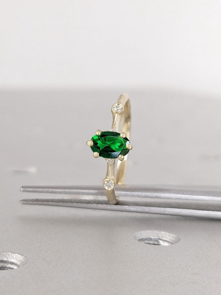 Emerald Ring Gold | Women 14k Solid Gold Oval Cut Emerald Band | Green Gemstone Stackable Ring | Multi StoneStone Statement Ring in Yellow Rose White