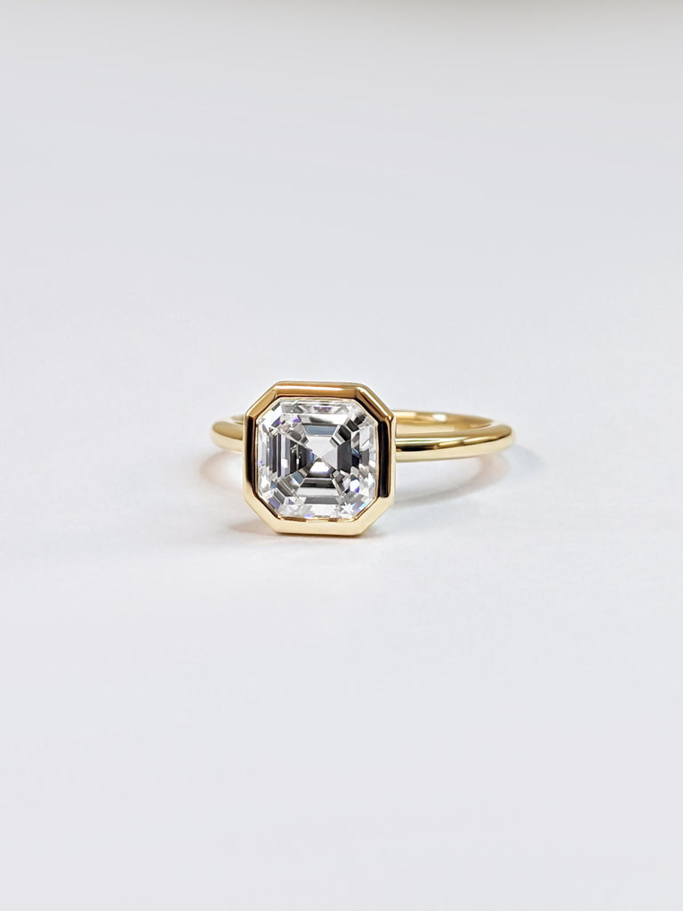 Unique 14k Solid Gold Bezel Set Ring, Art Deco Lab Grown Diamond Bridal Set, Round Cut Moissanite Eternity Ring, Anniversary Gift for Women