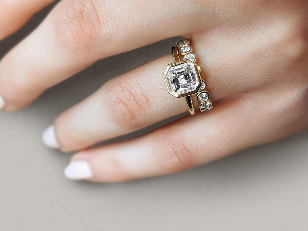 Dainty 14K Yellow Gold Wedding Ring Set | Lab Grown Diamond Engagement Ring | Diamond Bezel Set Anniversary Ring | Asscher Cut Diamond Ring