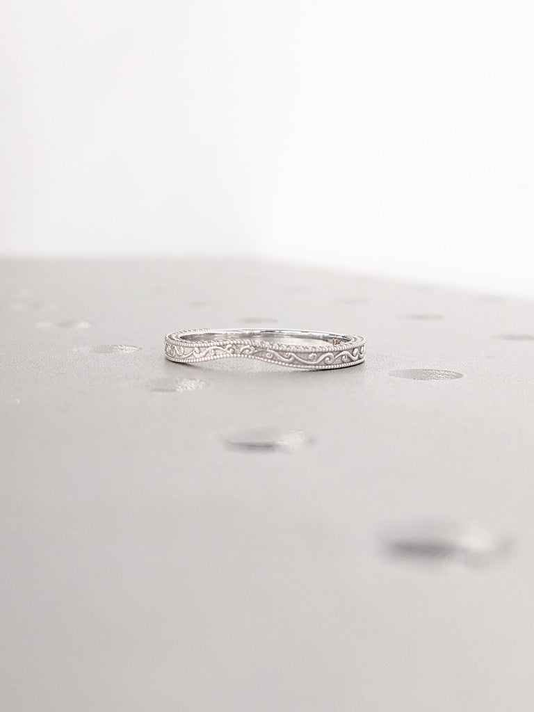 14k White Gold Wedding Band | Filigree Curved Wedding Rings for Women | Milgrain Stacking Ring | Wedding Anniversary Gift | Matching Ring