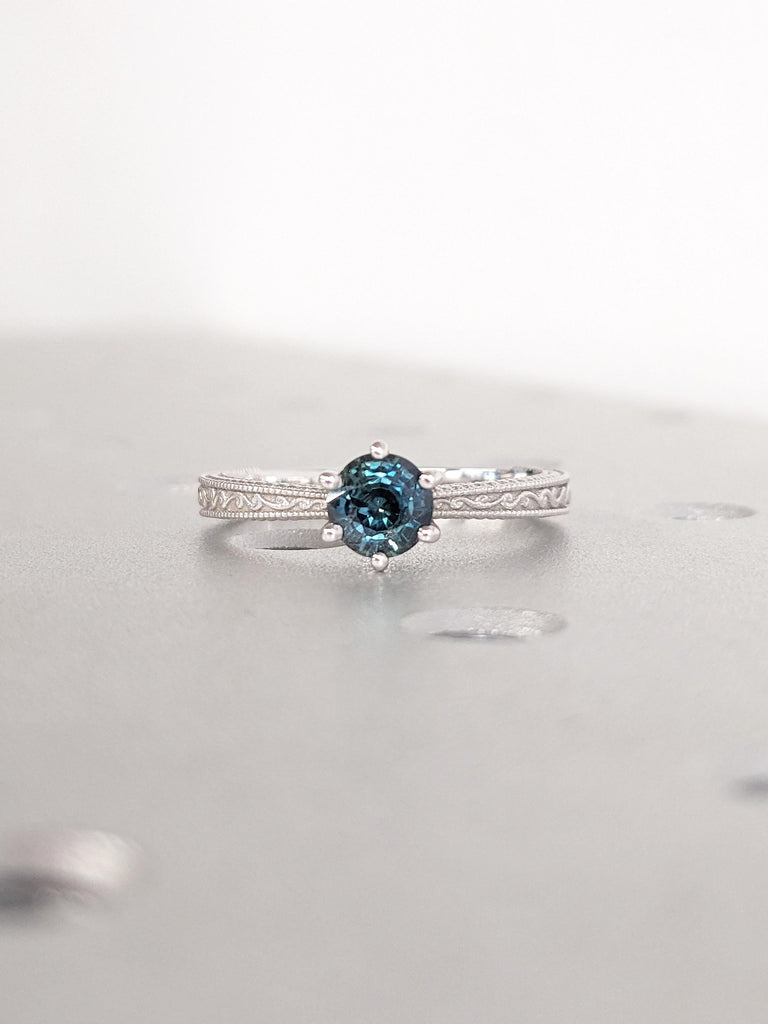 Solitaire 14k White Gold Peacock Sapphire Ring, Round Cut Blue Green Sapphire Anniversary Ring, Milgrain Promise Rings, Dainty Filigree Ring