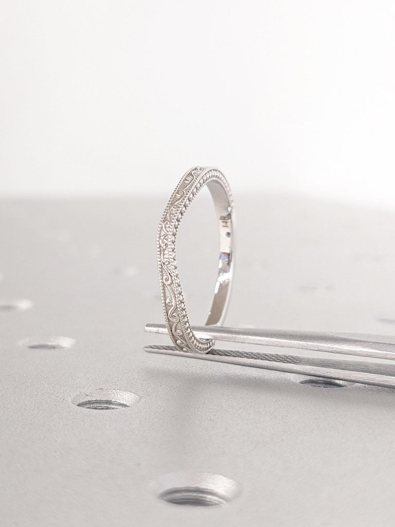 14k White Gold Wedding Band Filigree Curved Wedding Rings for