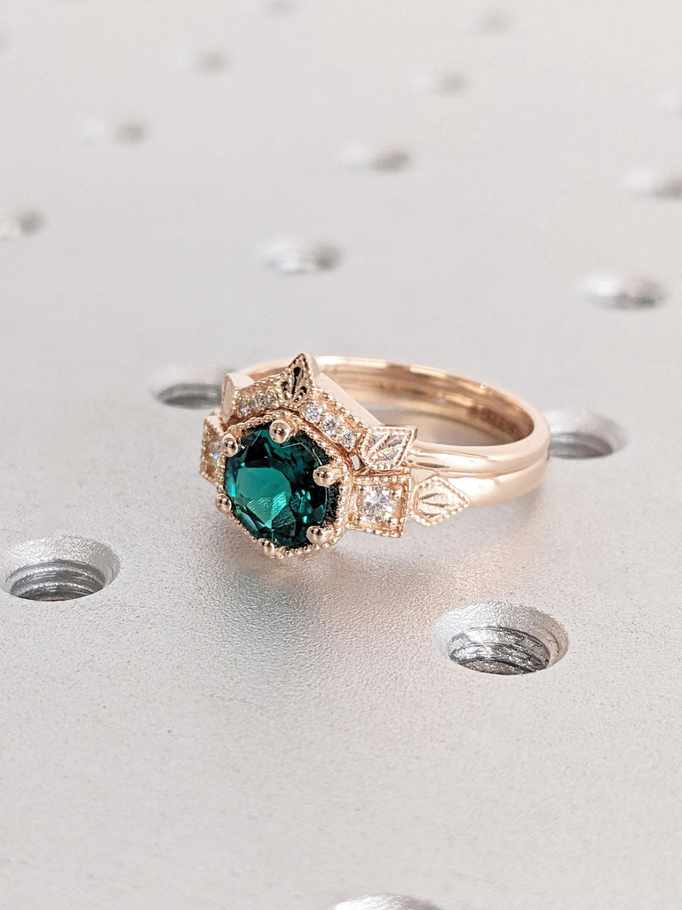 Vintage Diamond Cluster Ring | Curved Wedding Stacking Ring | 14k Rose Gold Emerald Rings for Women