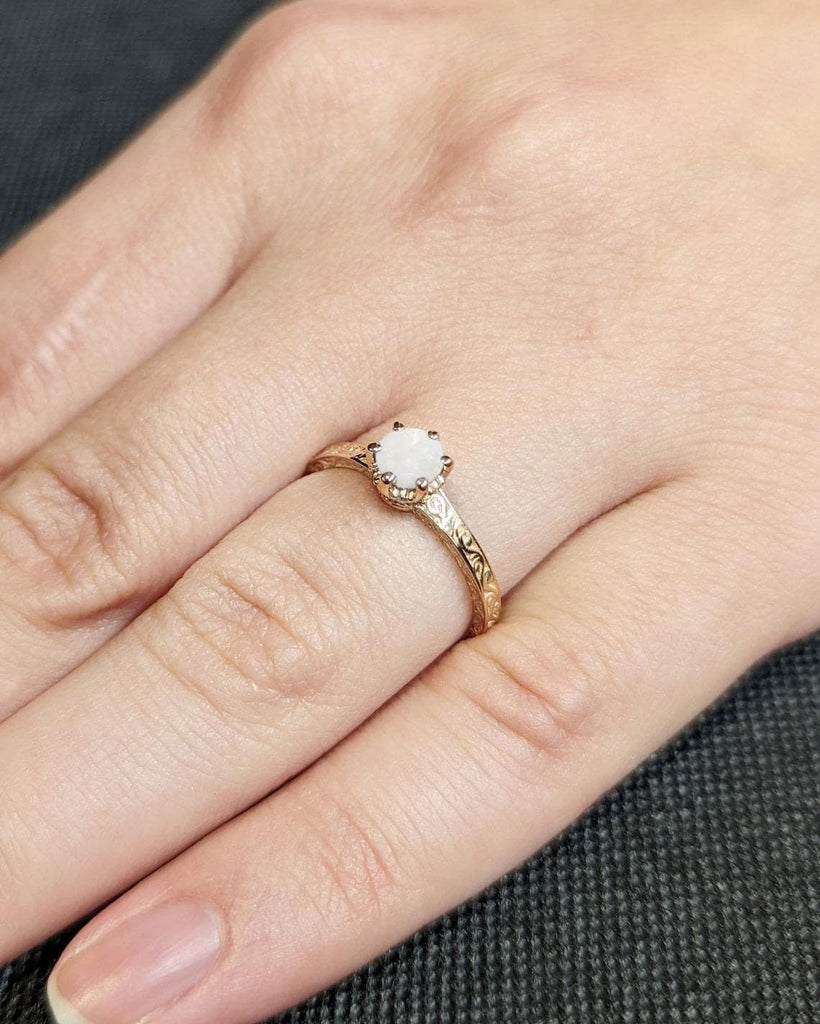 Opal Dainty Ring, Natural Opal Round cut Engagement Ring, 14K Gold Filigree Band, Hidden Halo Ring