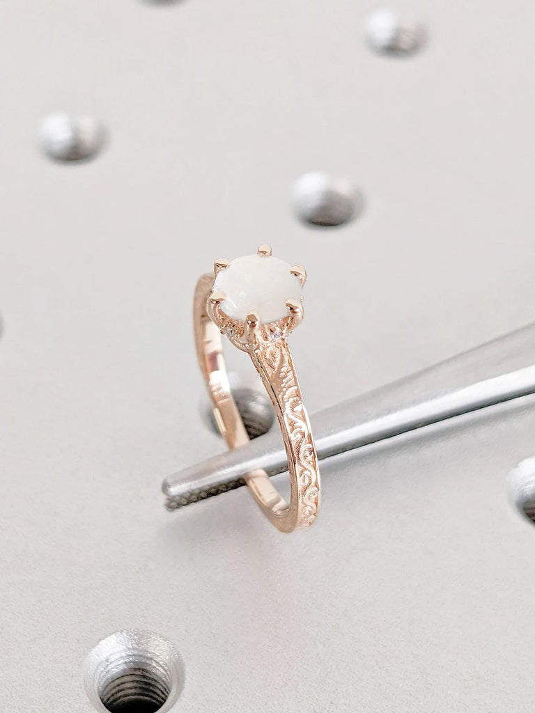 Unique Delicate Women Opal Engagement Ring, 14k Rose Gold Vintage Style Art Deco Opal Promise Ring for Her