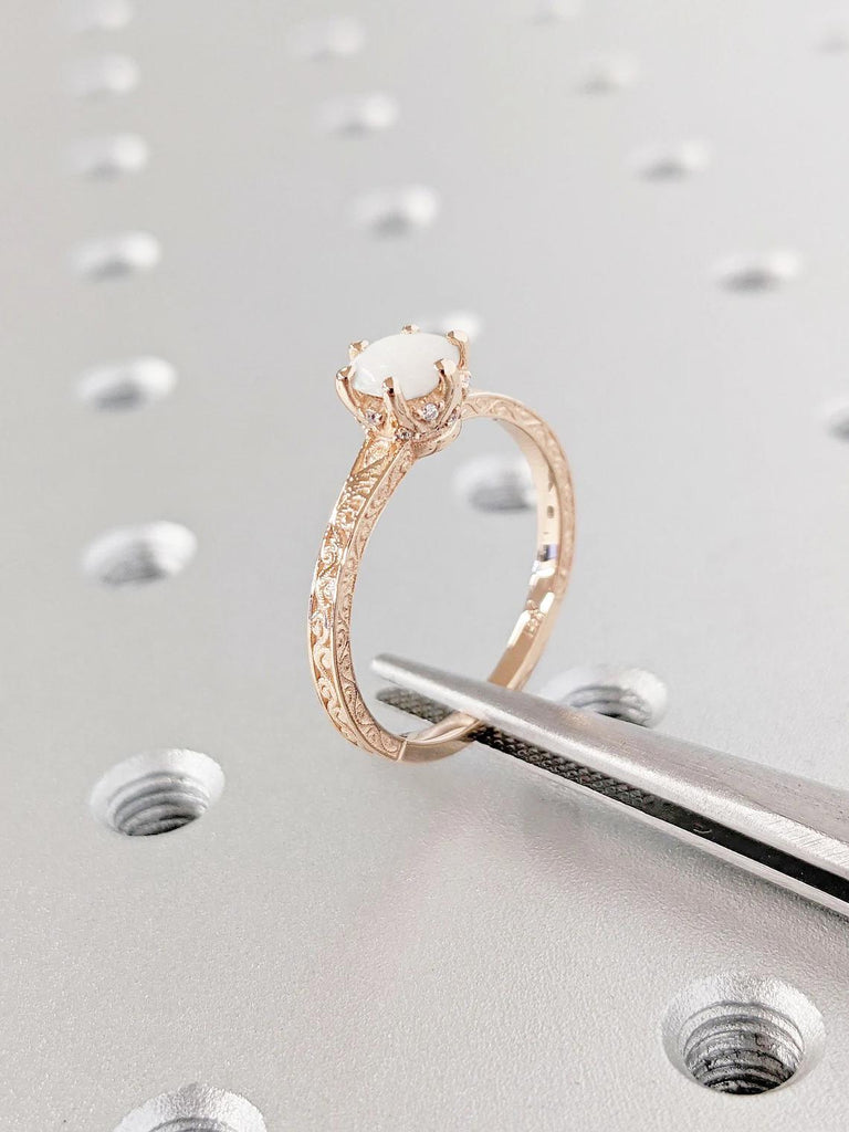 Vintage Lab Diamond Hidden Halo Ring | 14k Rose Gold Opal Engagement Ring | Promise Anniversary Ring for Wife