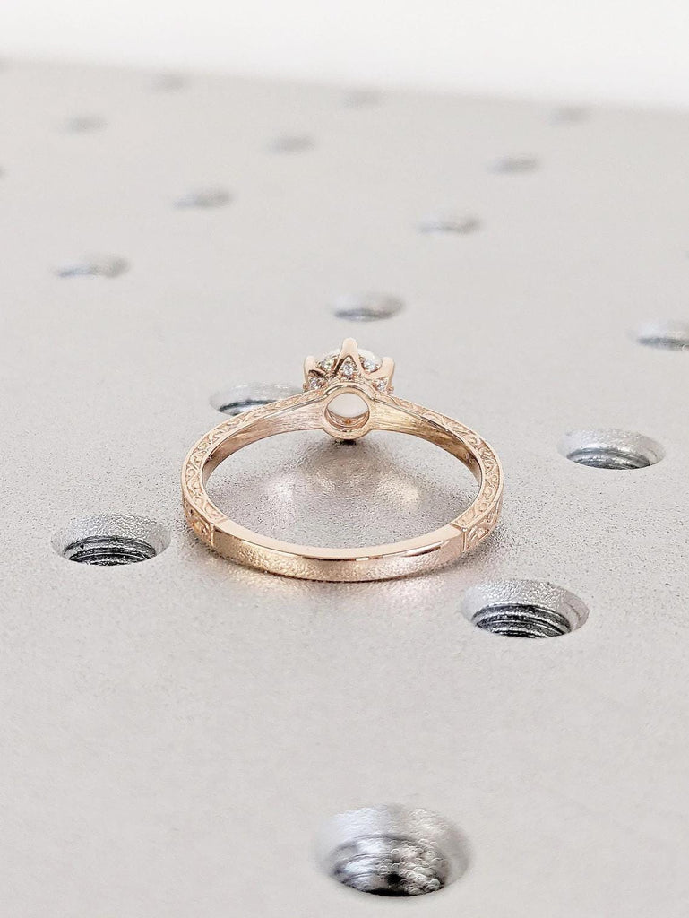 Round Opal Engagement Ring for Her | 14K Rose Gold Engagement Ring | Vintage Filigree Ring | Round cut Diamond Ring Anniversary Promise Ring