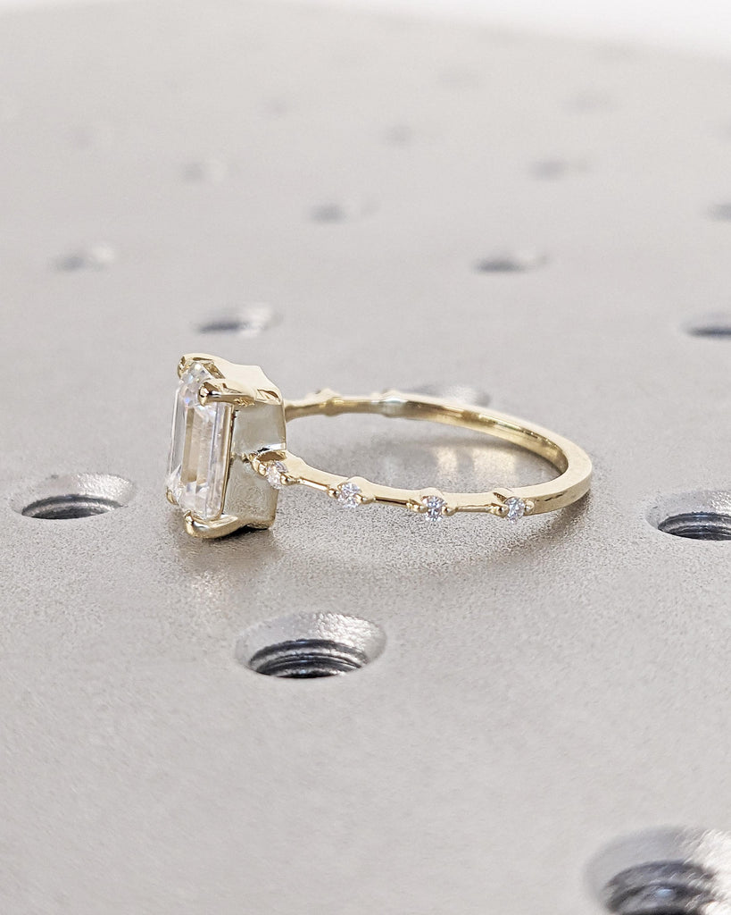 Vintage Emerald Cut Engagement Ring, Dainty Emerald Cut Ring, Lab Grown Diamond Ring, 14K Yellow Gold Wedding Ring, Unique Anniversary Ring