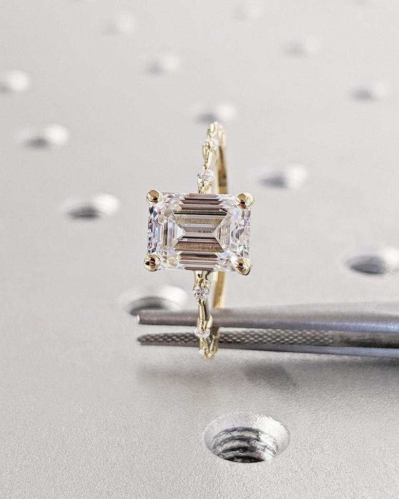 Vintage Emerald Cut Engagement Ring, Dainty Emerald Cut Ring, Lab Grown Diamond Ring, 14K Yellow Gold Wedding Ring, Unique Anniversary Ring