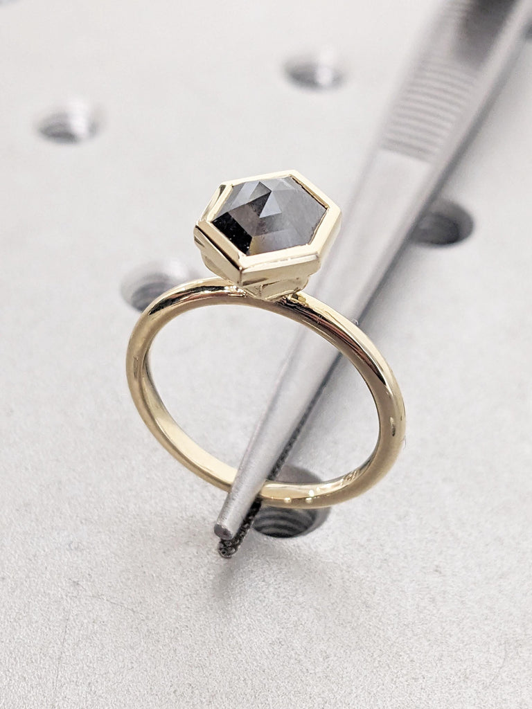 Salt and Pepper Diamond Ring, 14K Yellow Gold Bezel Set Diamond Ring, Unique Anniversary Ring, Dainty Promise Rings for Women, Gift for Her