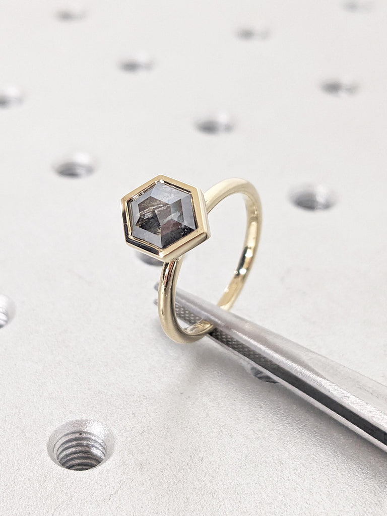 Salt and Pepper Diamond Ring, 14K Yellow Gold Bezel Set Diamond Ring, Unique Anniversary Ring, Dainty Promise Rings for Women, Gift for Her