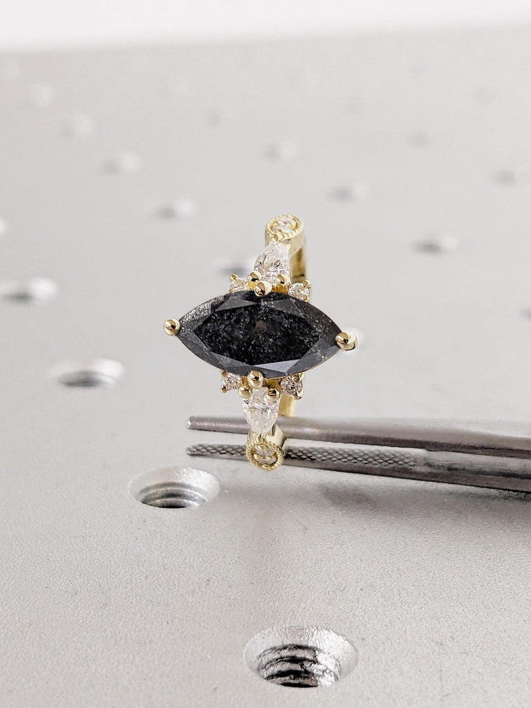 1.5ct Marquise cut Salt and Pepper Black Diamond Engagement Ring | Diamond and Moissanite Woman Bridal Jewellery | Custom Ring