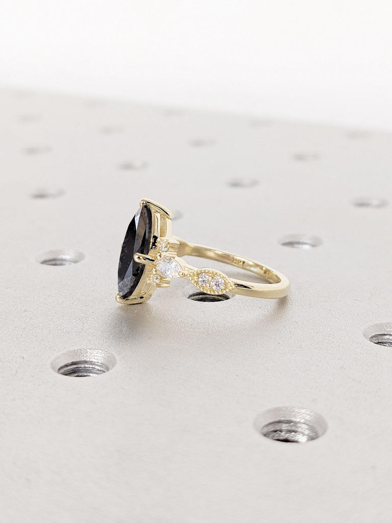 Vintage Black Diamond Promise Ring | 14k Gold Milgrain Ring | Marquise and Round Diamond Engagement Ring for Her