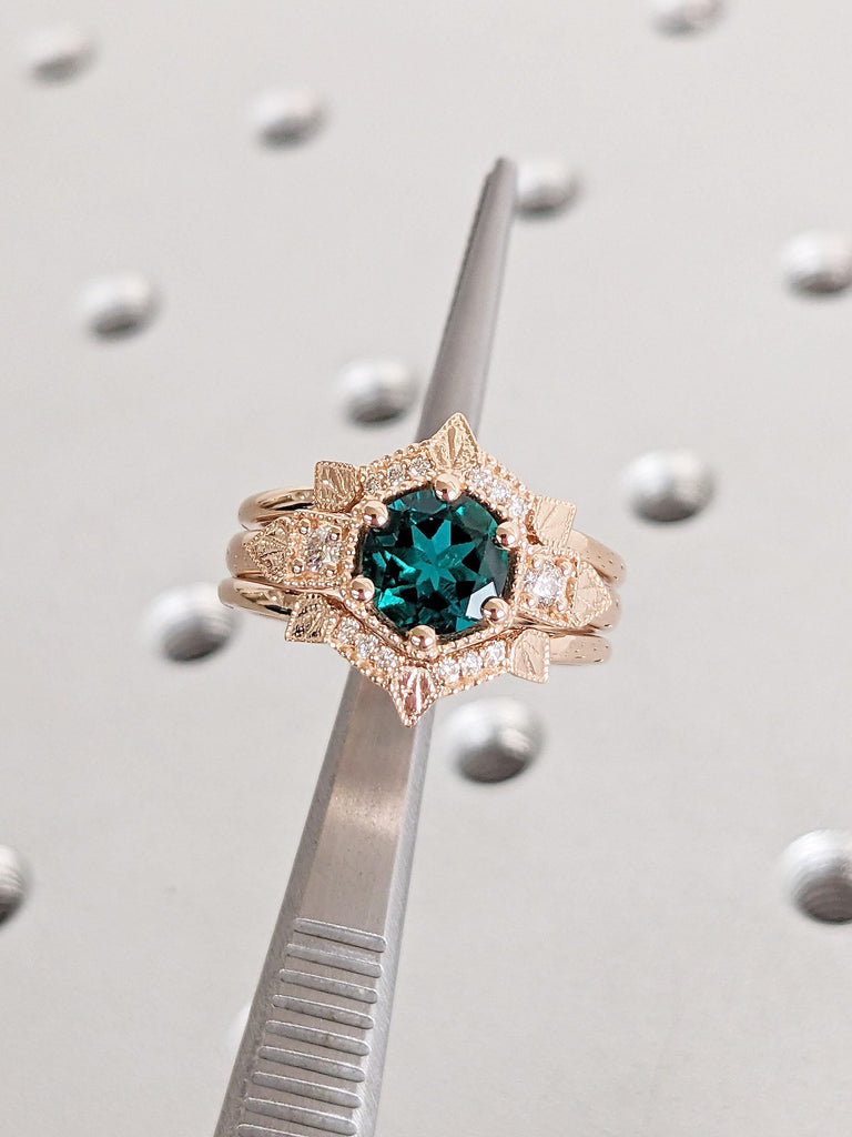 Vintage Diamond Cluster and Emerald Ring | Curved Wedding Stacking Ring | 14k Rose Gold Emerald Rings for Women