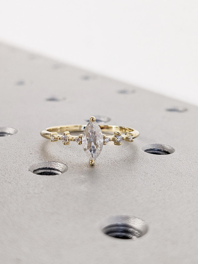 14k Yellow Gold Wedding Ring, Marquise Moissanite Engagement Ring, Floating Bubble Diamond Ring, Vintage Promise Ring, Unique Statement Ring