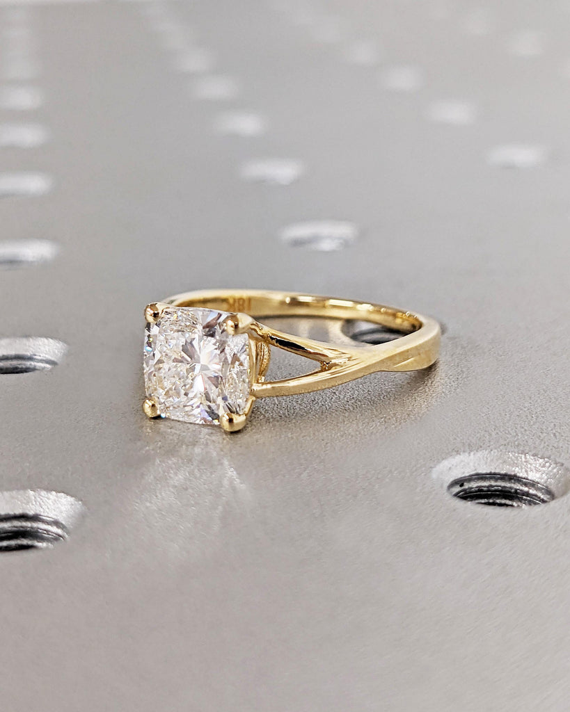 Cushion Cut Lab Created Diamond Solitaire Engagement Ring, IGI Certified Cushion Cut Diamond Wedding Ring, Split Shank, Unique Twisted Band