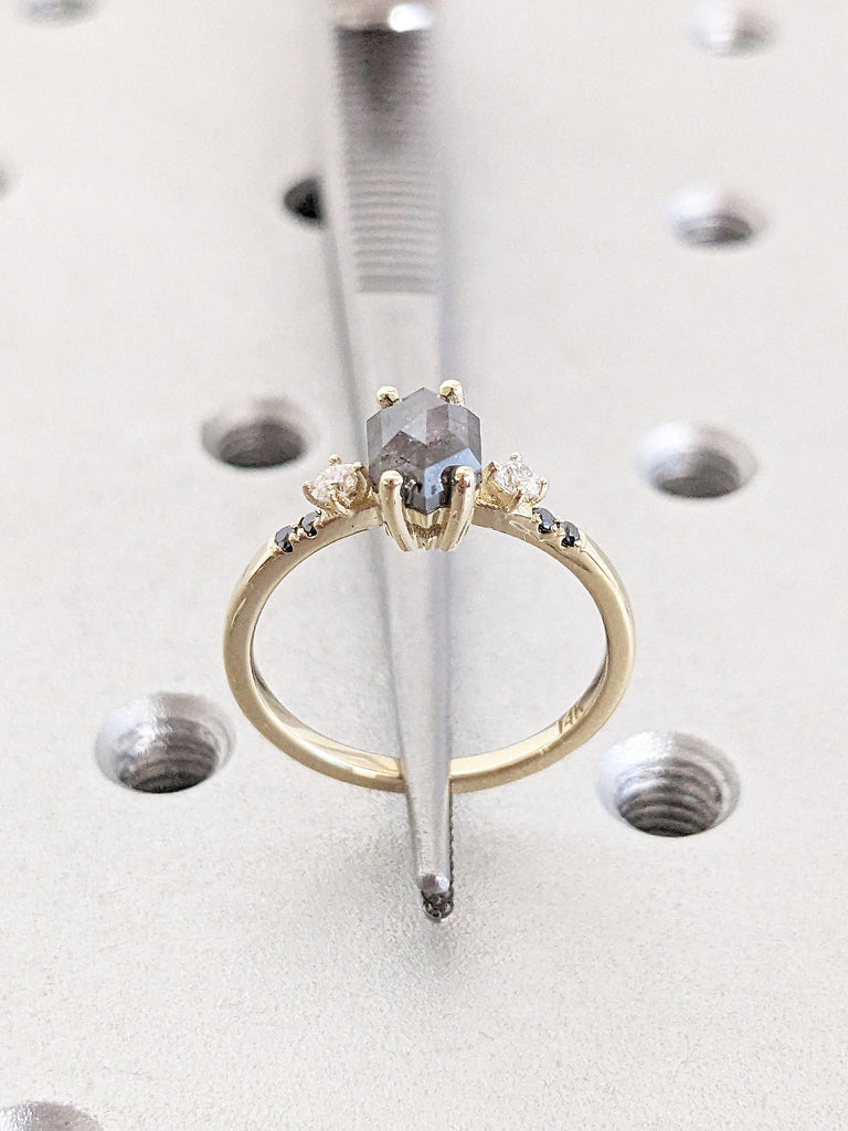 Salt and Pepper Diamond Engagement Ring | Vintage Wedding Ring | Solitaire Ring Unique Yellow Gold Ring | Art Deco Wedding Anniversary Ring