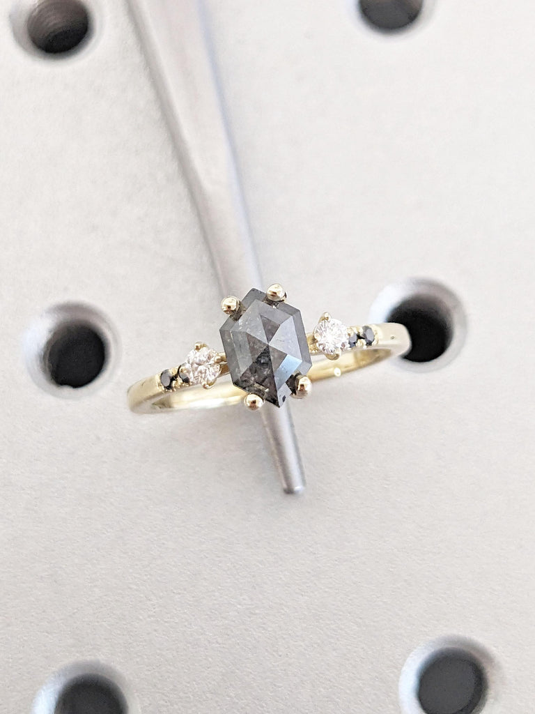 Salt and Pepper Diamond Engagement Ring | Vintage Wedding Ring | Solitaire Ring Unique Yellow Gold Ring | Art Deco Wedding Anniversary Ring
