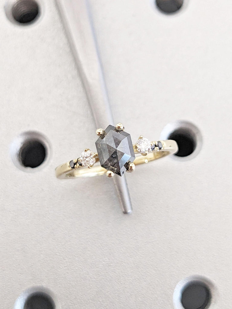 Salt and Pepper Diamond Engagement Ring | Vintage Wedding Ring | Solitaire Ring Unique Yellow Gold Ring | Art Deco Wedding Anniversary Ring